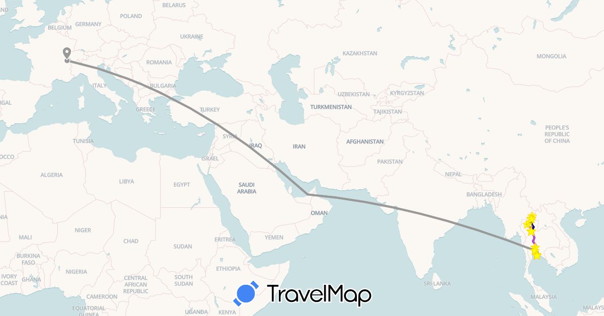 TravelMap itinerary: driving, bus, plane, train, hiking in United Arab Emirates, Switzerland, Thailand (Asia, Europe)